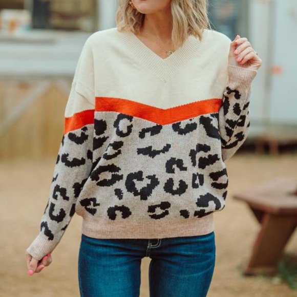 Main Strip Sweaters - Leopard Colorblock Sweater